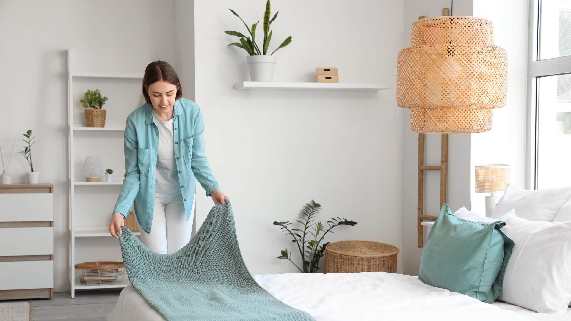woman fixing bed completing task 