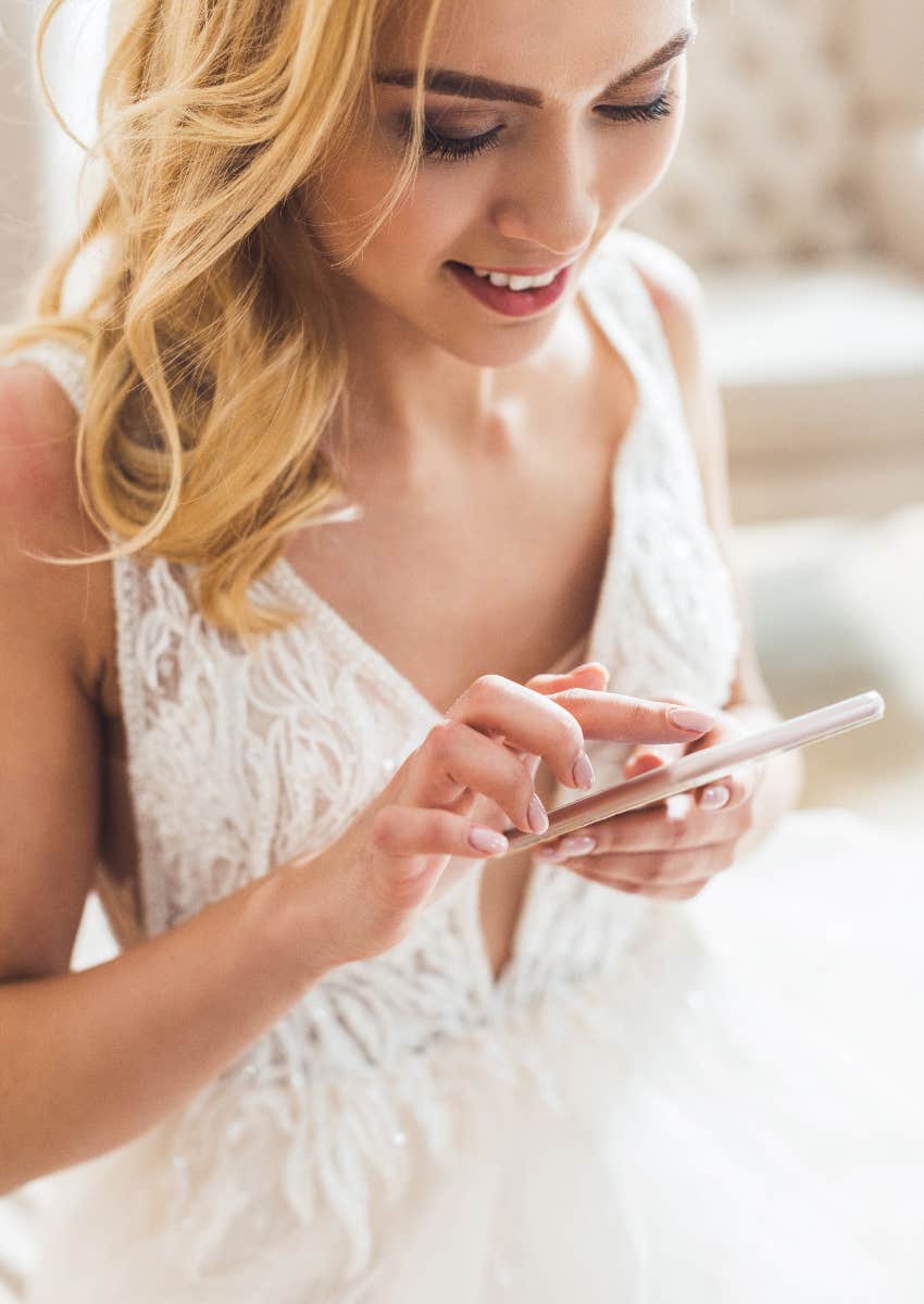bride talking to her AI boyfriend on her phone
