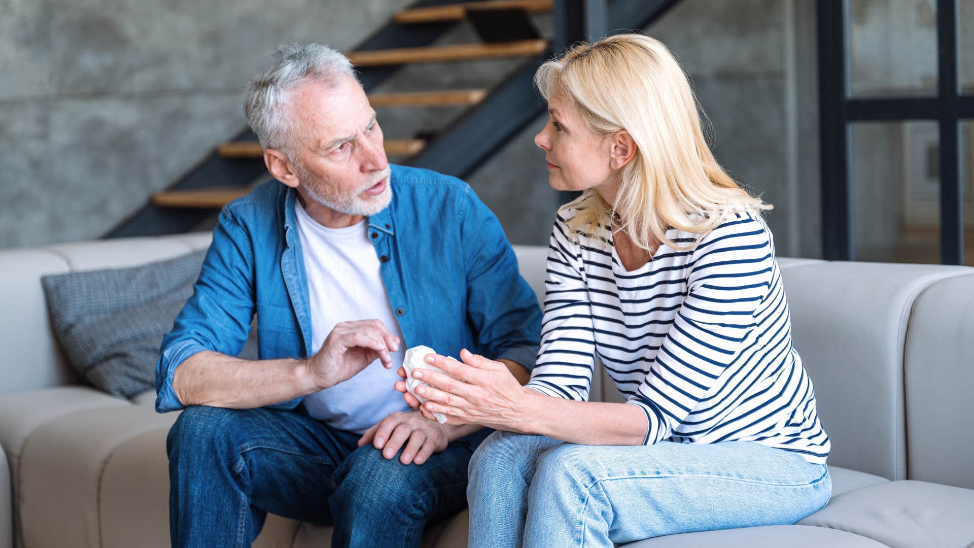 older couple talking to each other like equals