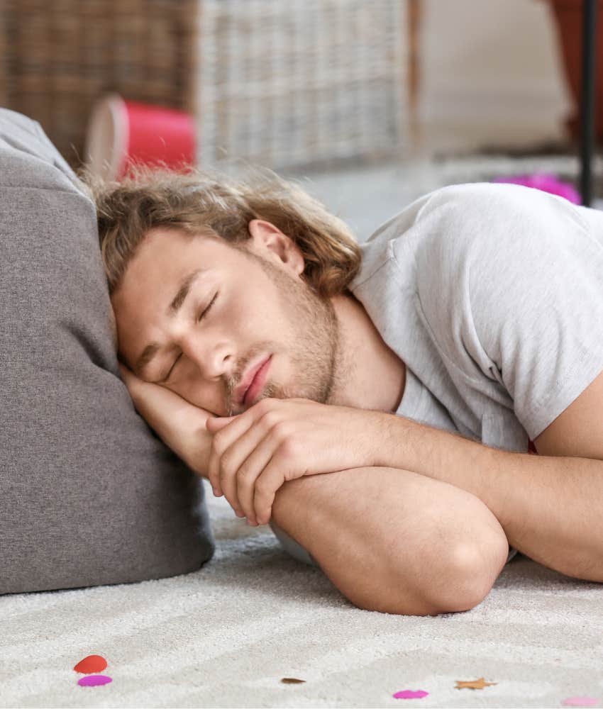 Exhausted person sleeps on floor showing parting way too much