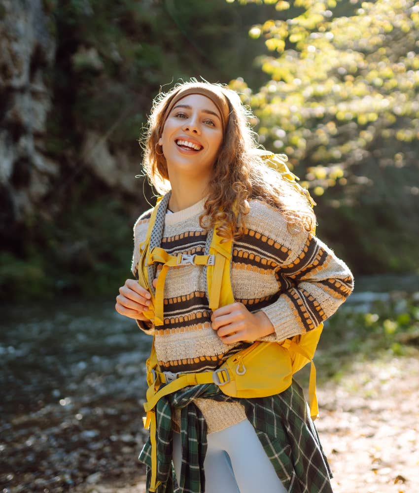 Excited person explores world of nature showing life is about to get good
