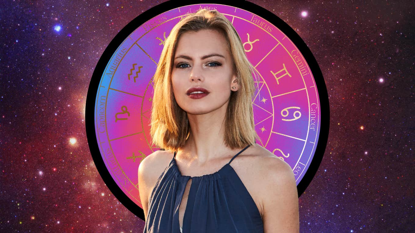 Woman standing in front of an astrology wheel and starry background, representing five zodiac signs with the best horoscopes on December 4, 2025