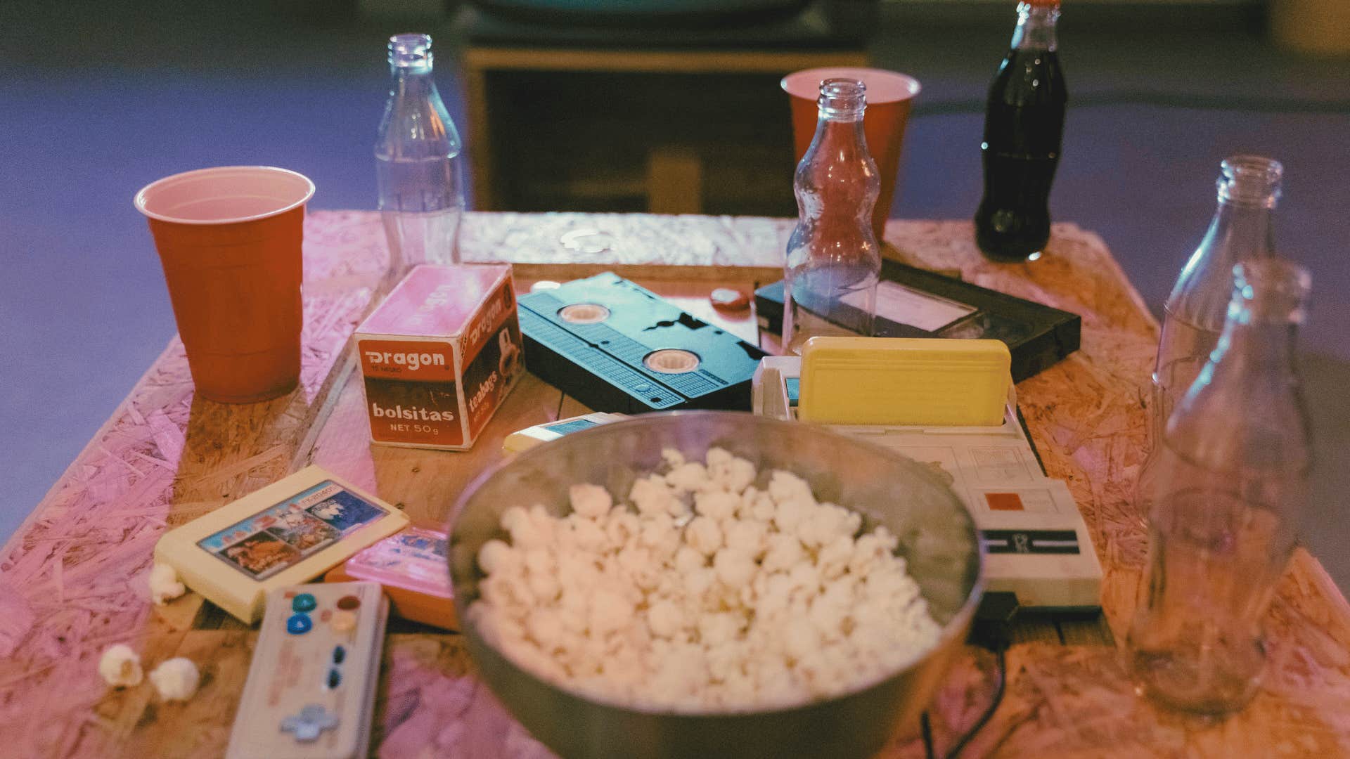 snack table and 90s game console