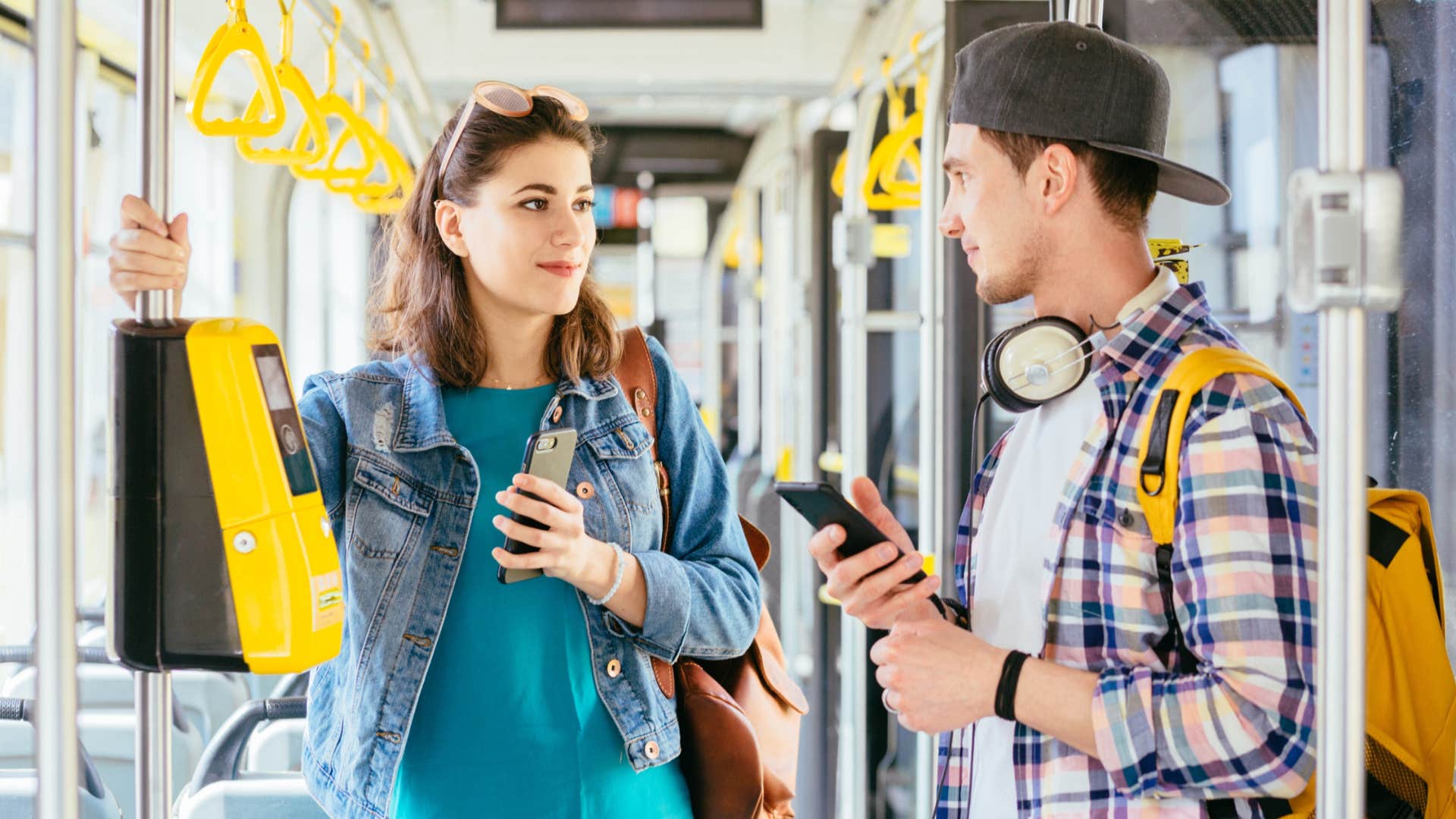 woman struggling with small talk on the bus