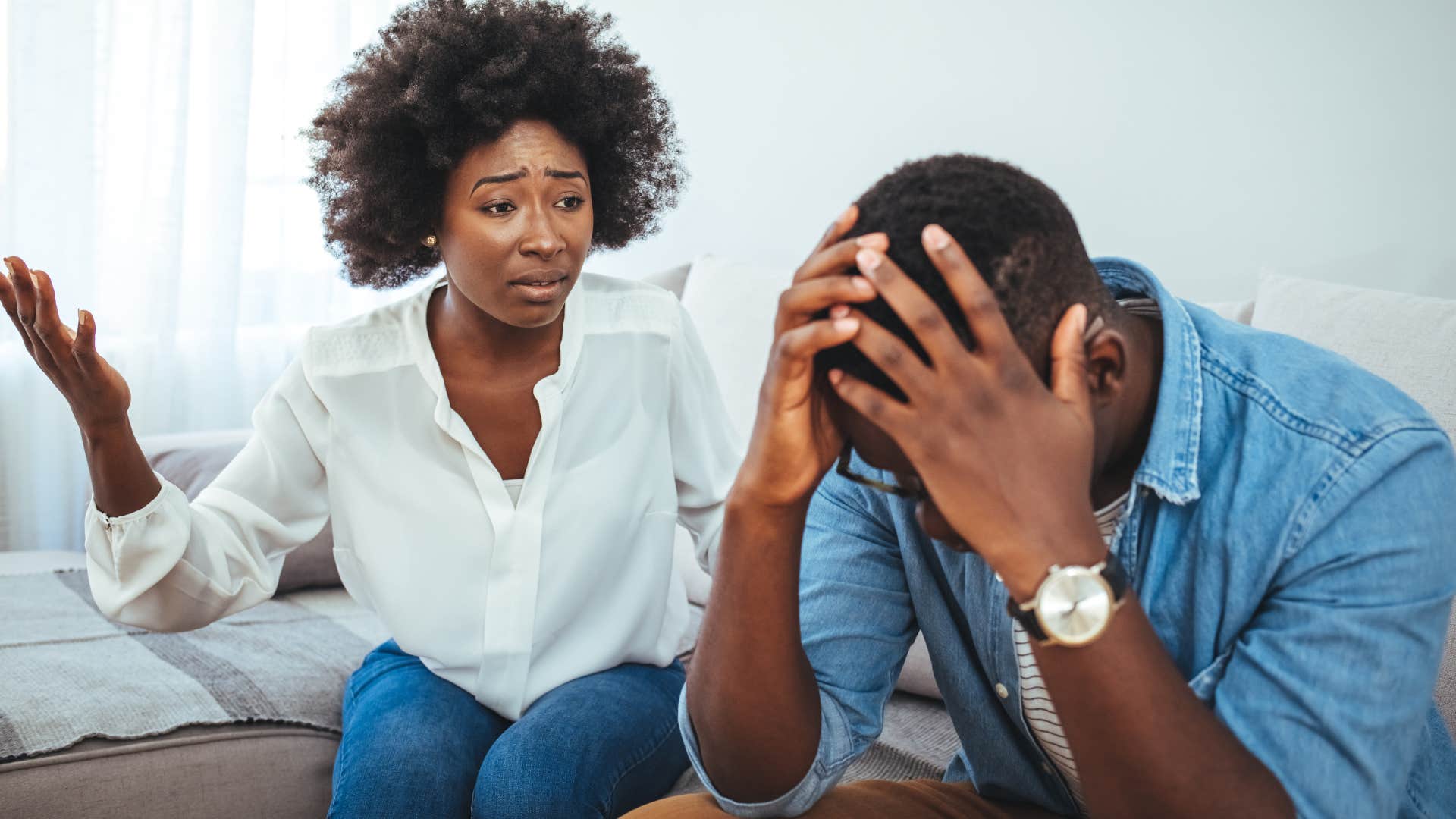 couple arguing frustrated man telling wife that's not what happened