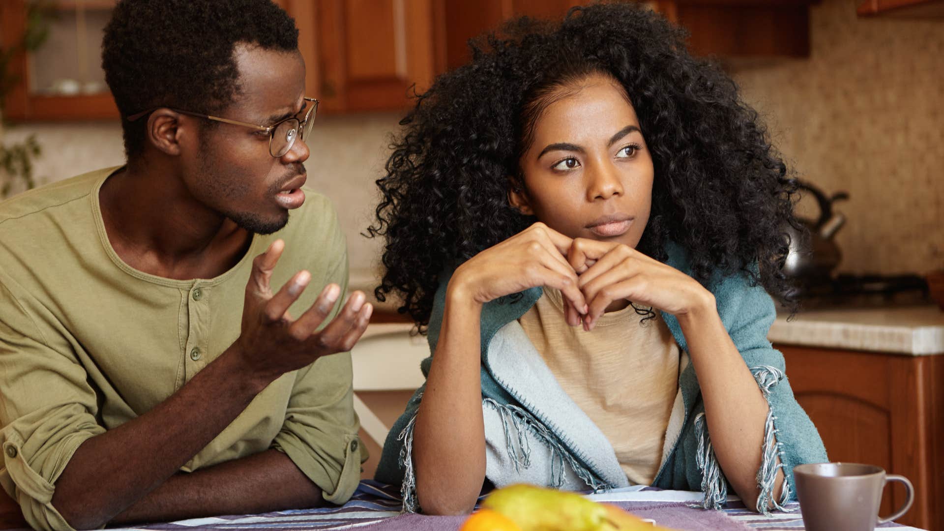 rude condescending man telling wife you should be grateful in argument