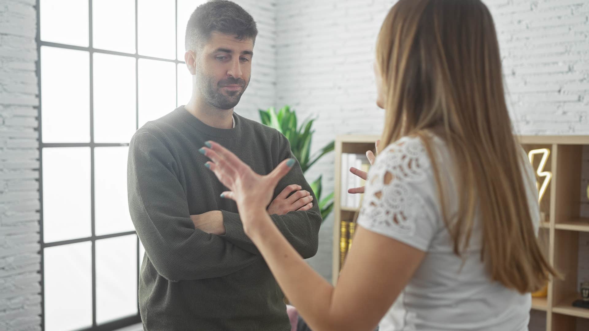 condescending man gaslighting wife by saying that's literally not true