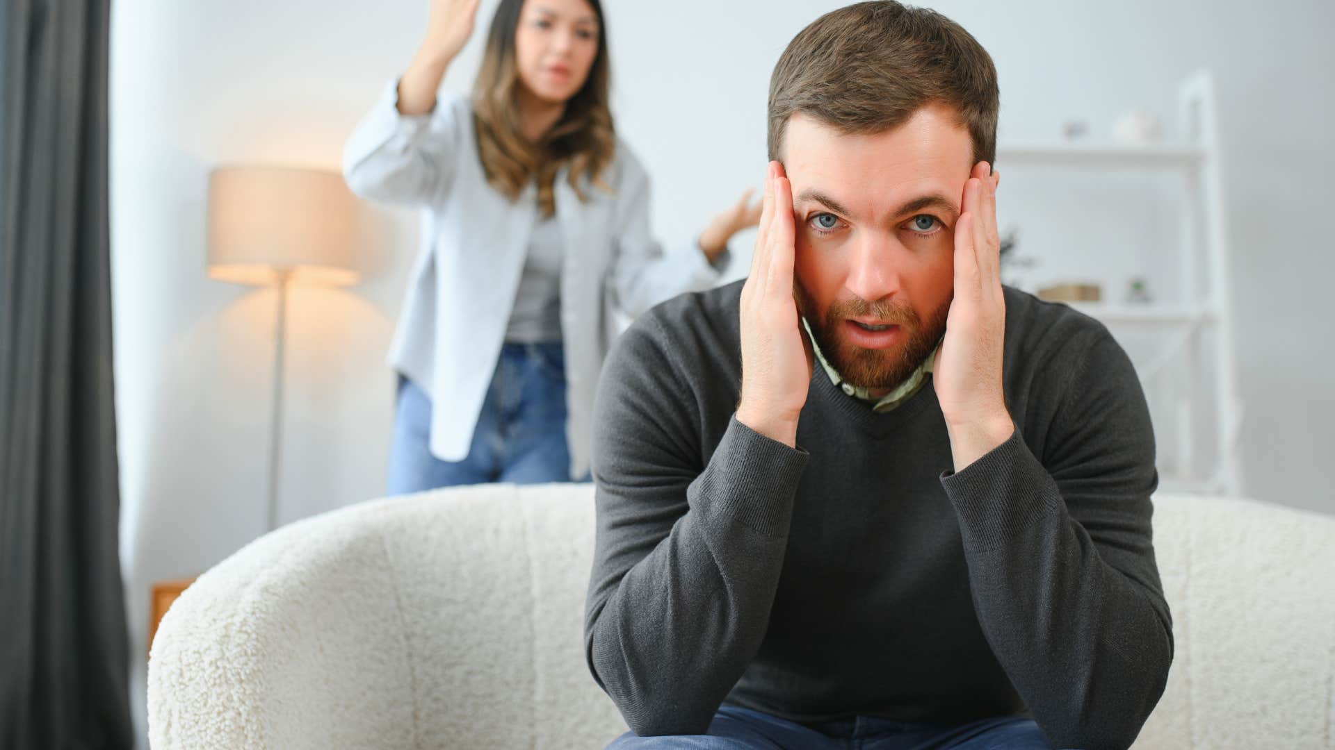 condescending man saying you're so dramatic to his upset wife