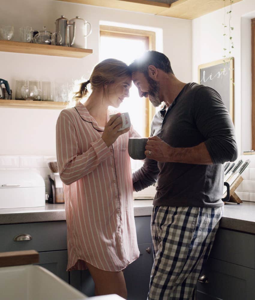 A couple who actually likes each other acknowledging each other over morning coffee