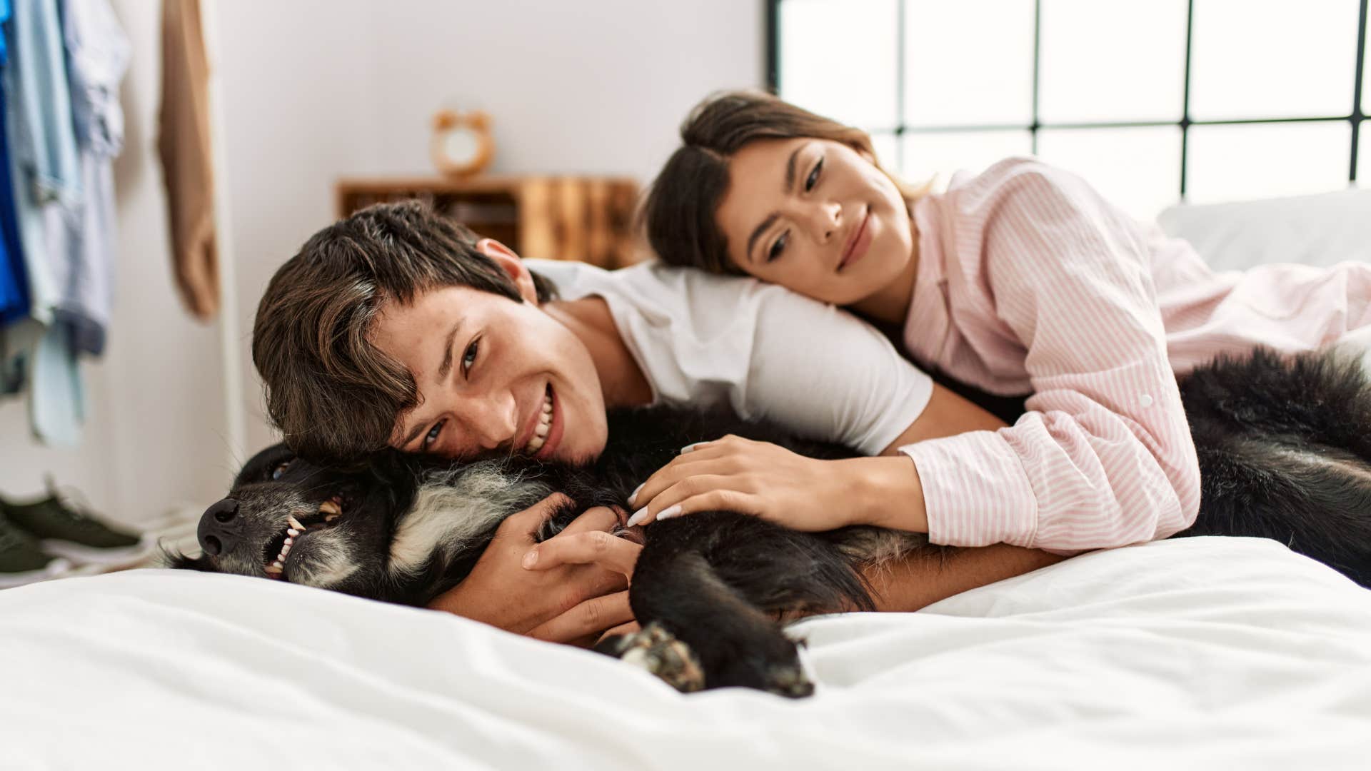dog sprawls out in someone's bed