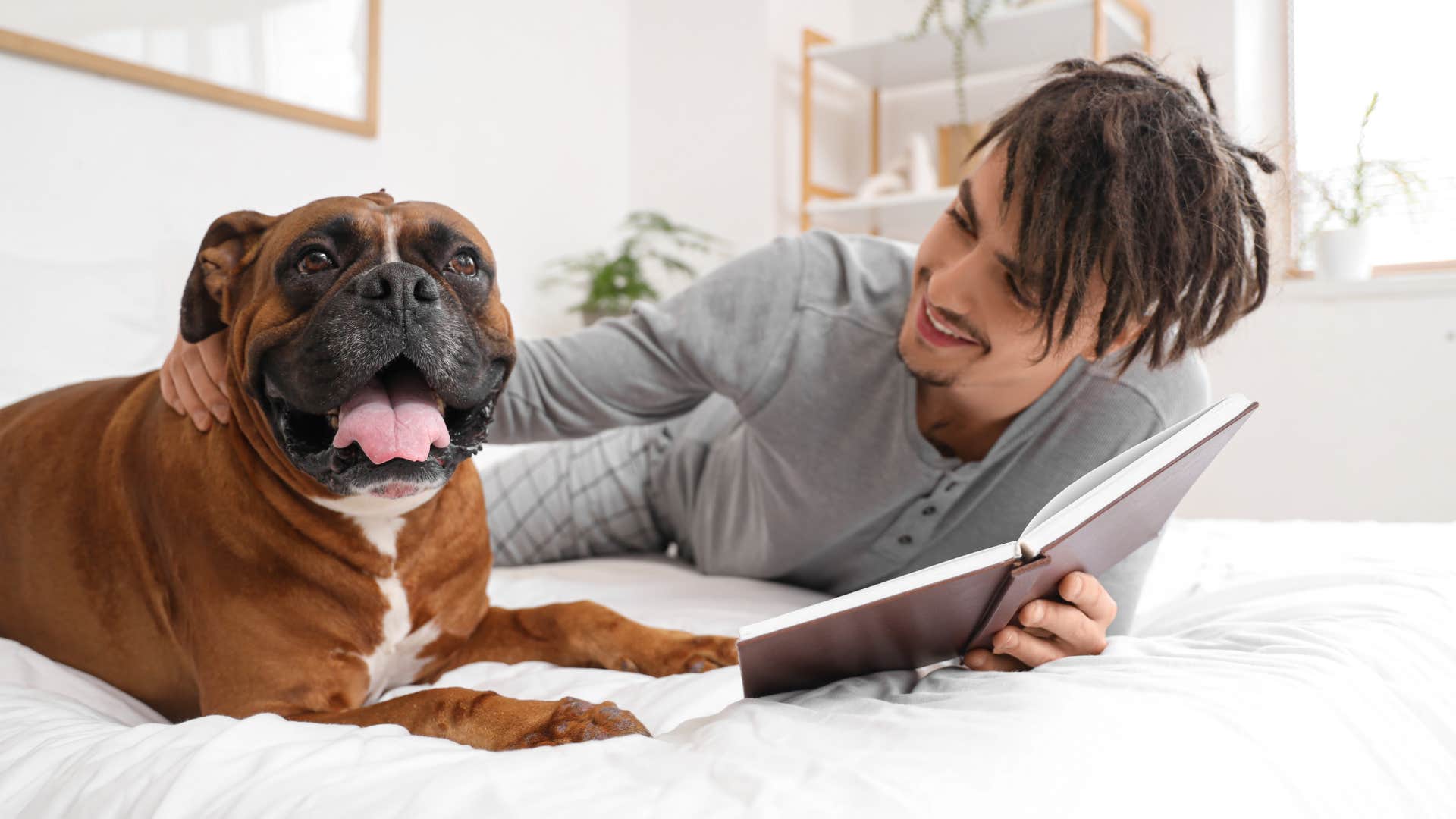 man reading a book laying with boxer dog