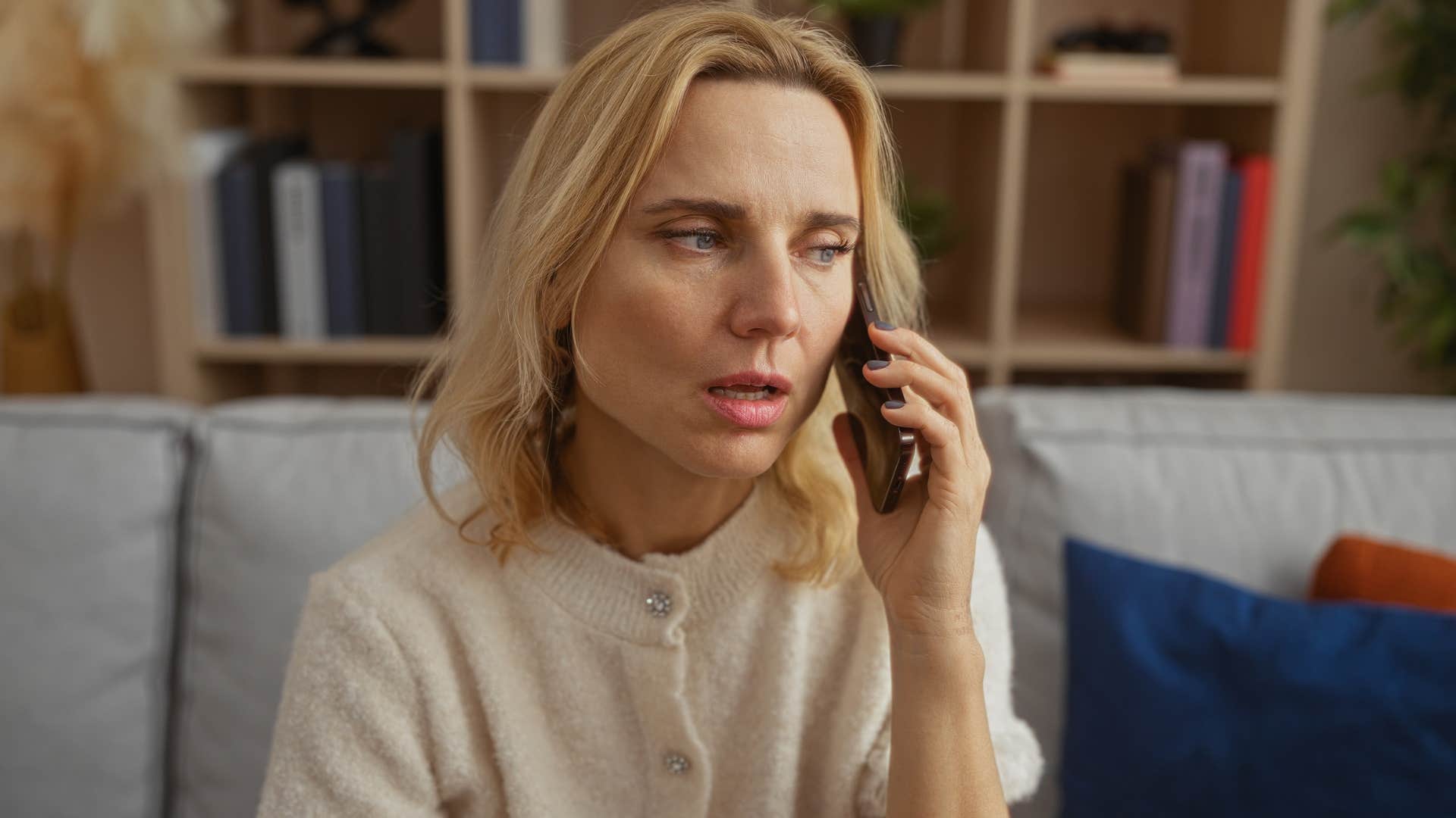annoyed woman saying I think we're done here on the phone