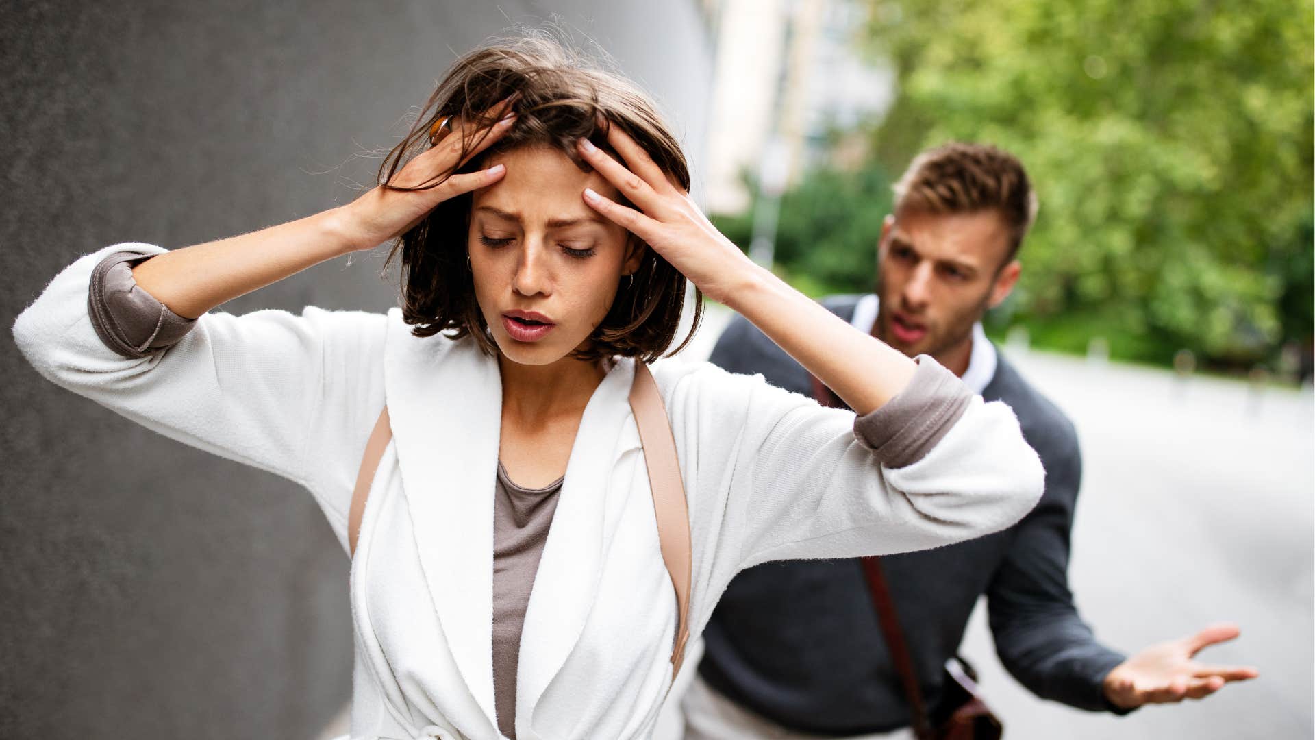 Disagreable couple argue again showing relationship hanging by a thread