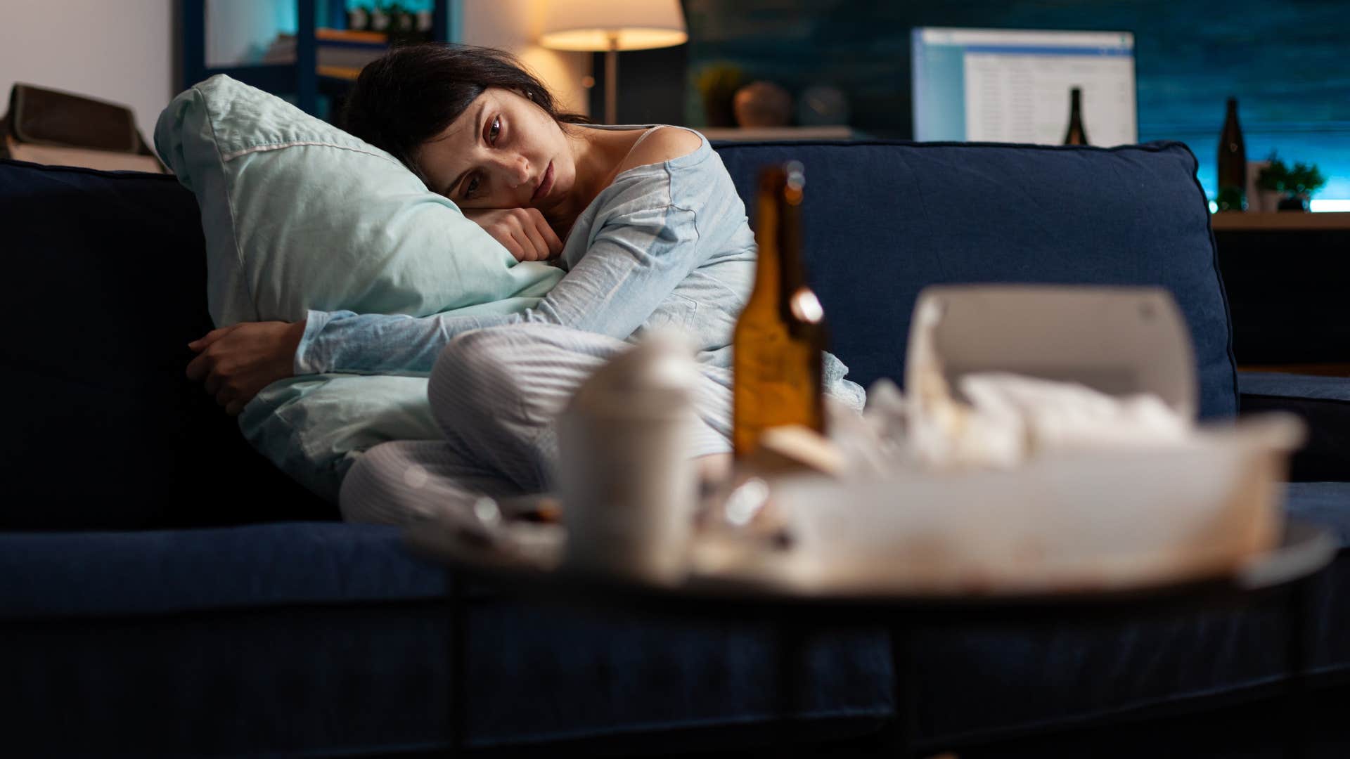 lazy woman with takeout containers not cleaning up after herself
