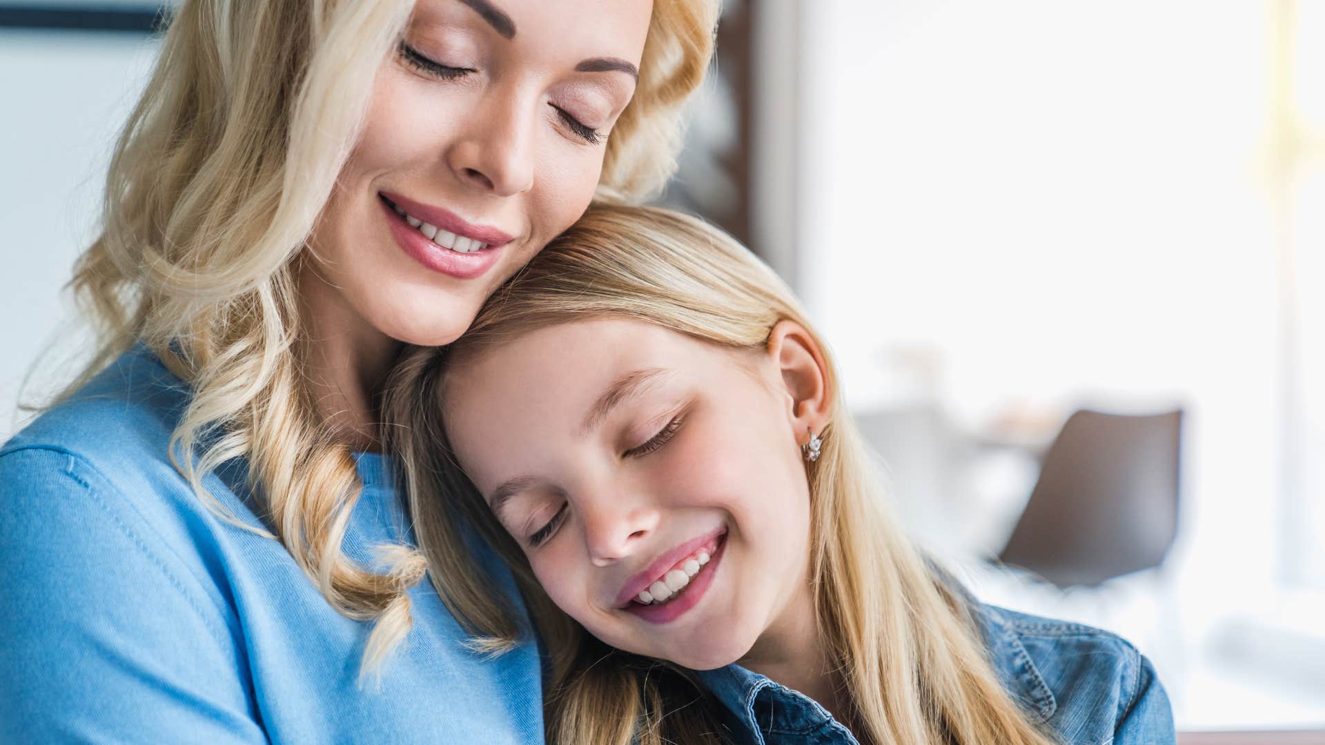Smiling daughter admires mother showing change forever