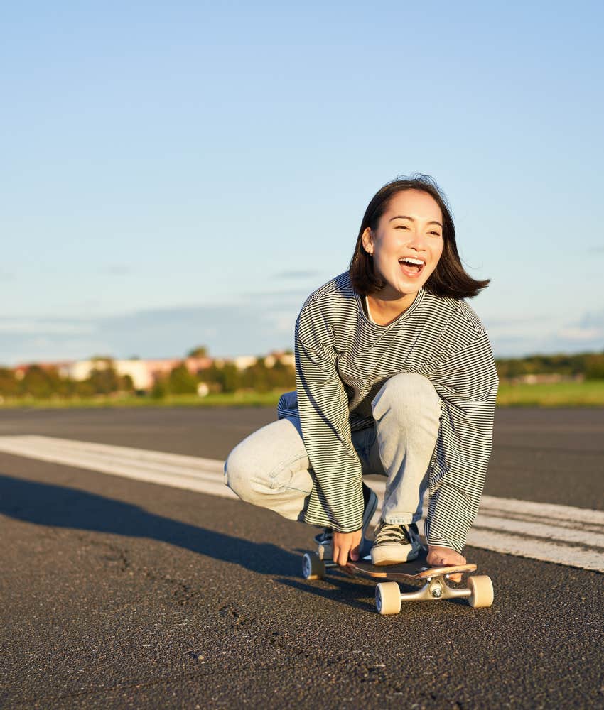 Excited person on skateboard showing action to make clear decision