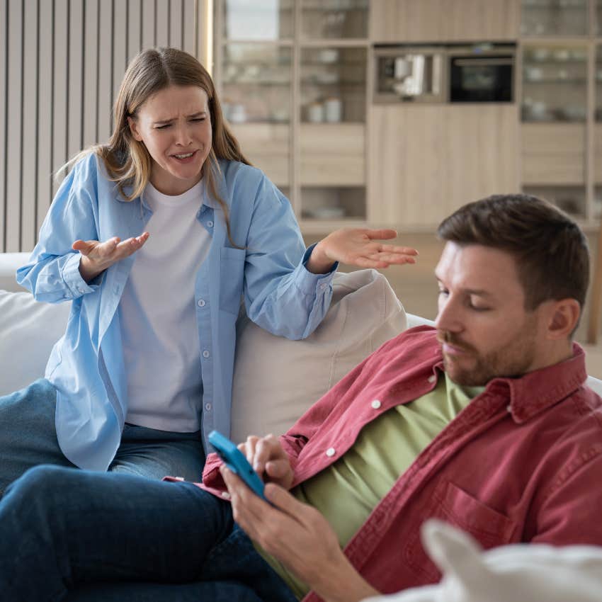 Wife yelling at her husband who's not contributing to household tasks.