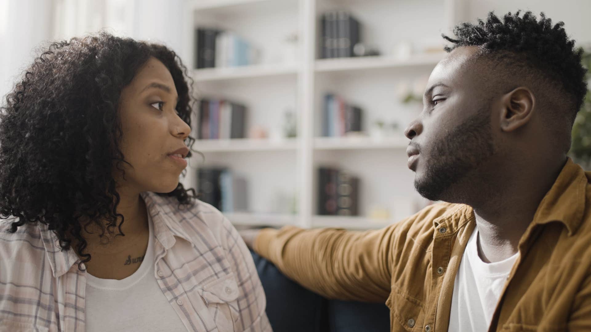 Calm couple in love have serious discussion