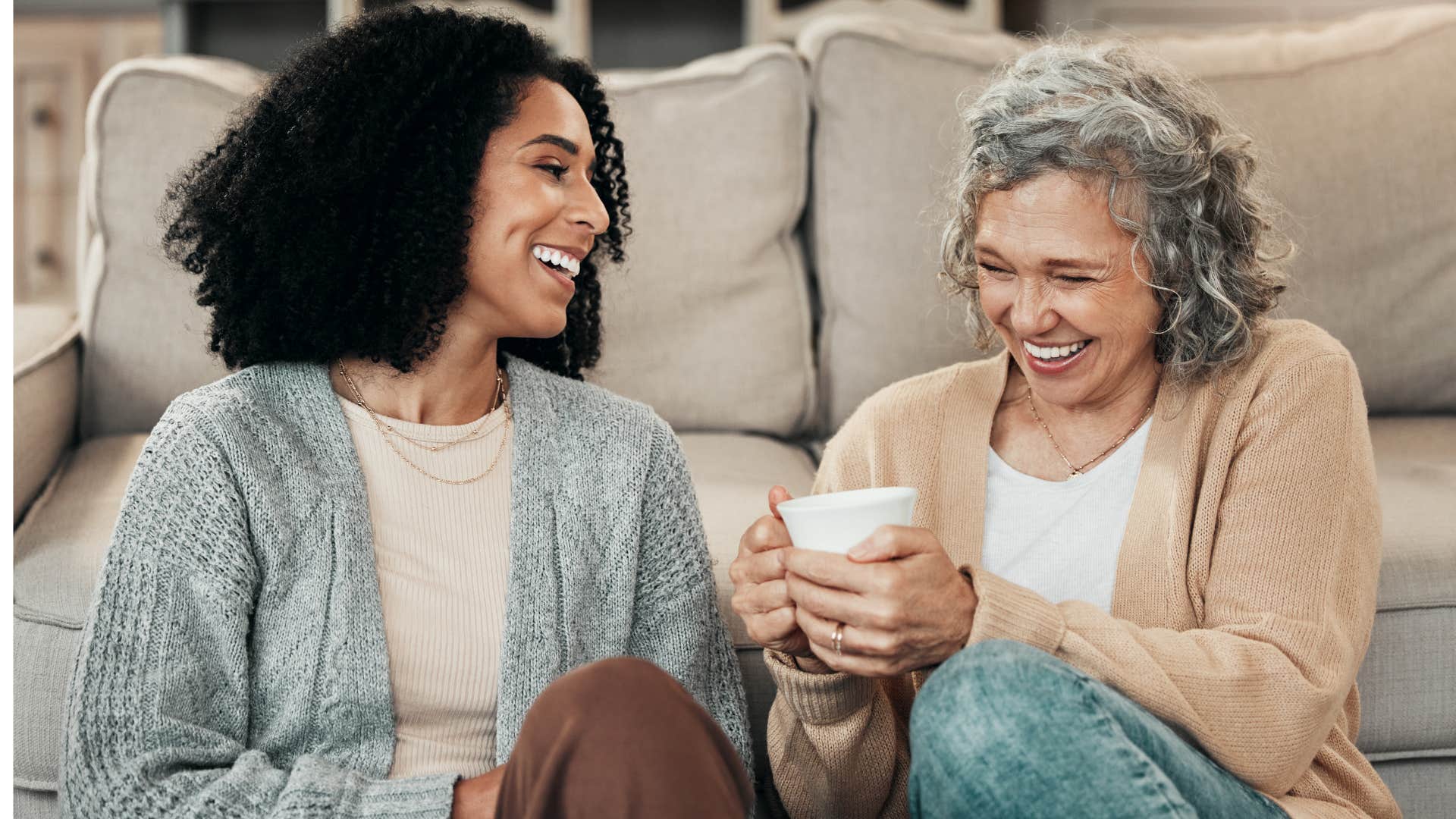 Happy adult daughter cares for laughing elder mother showing change forever