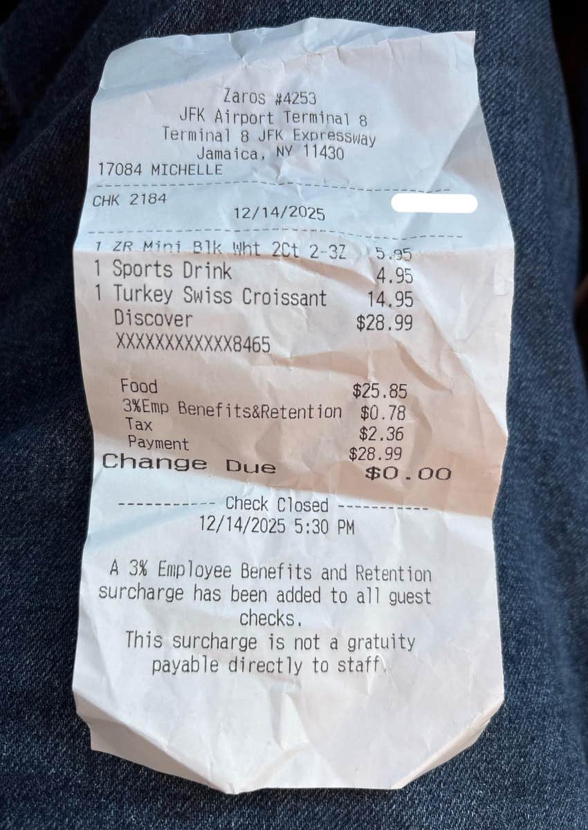 receipt with employee benefits and retention fee