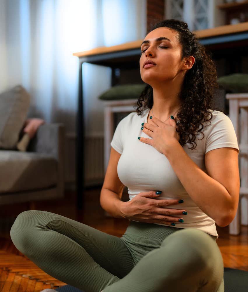 Calm person mindfull breathes showing way to pass through hard life