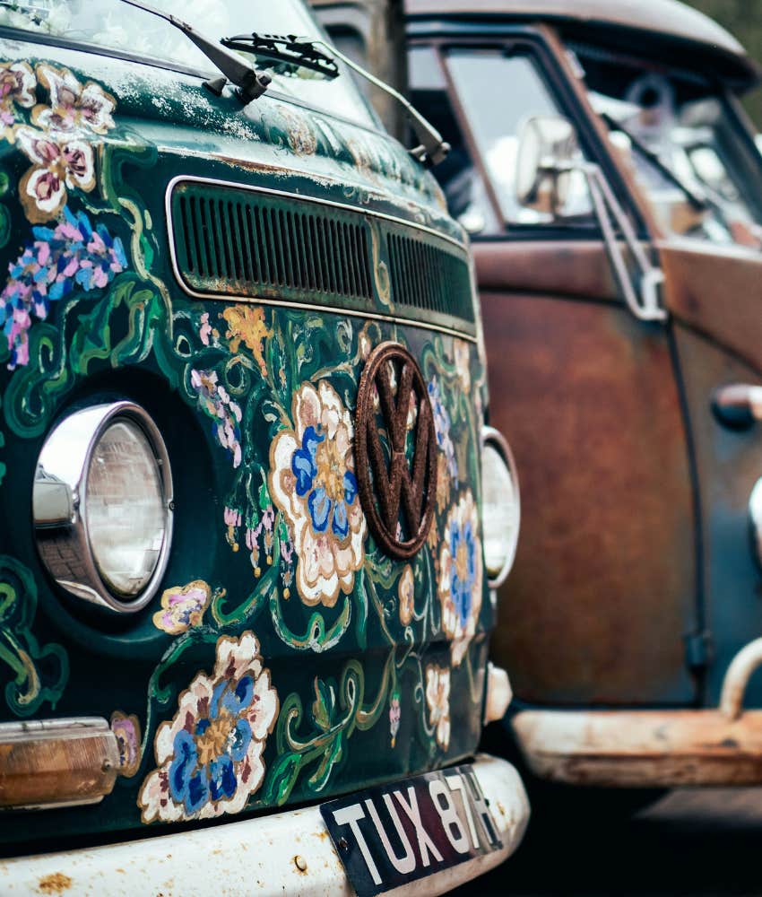 Peace symbol on vintage VW microbus showing memory