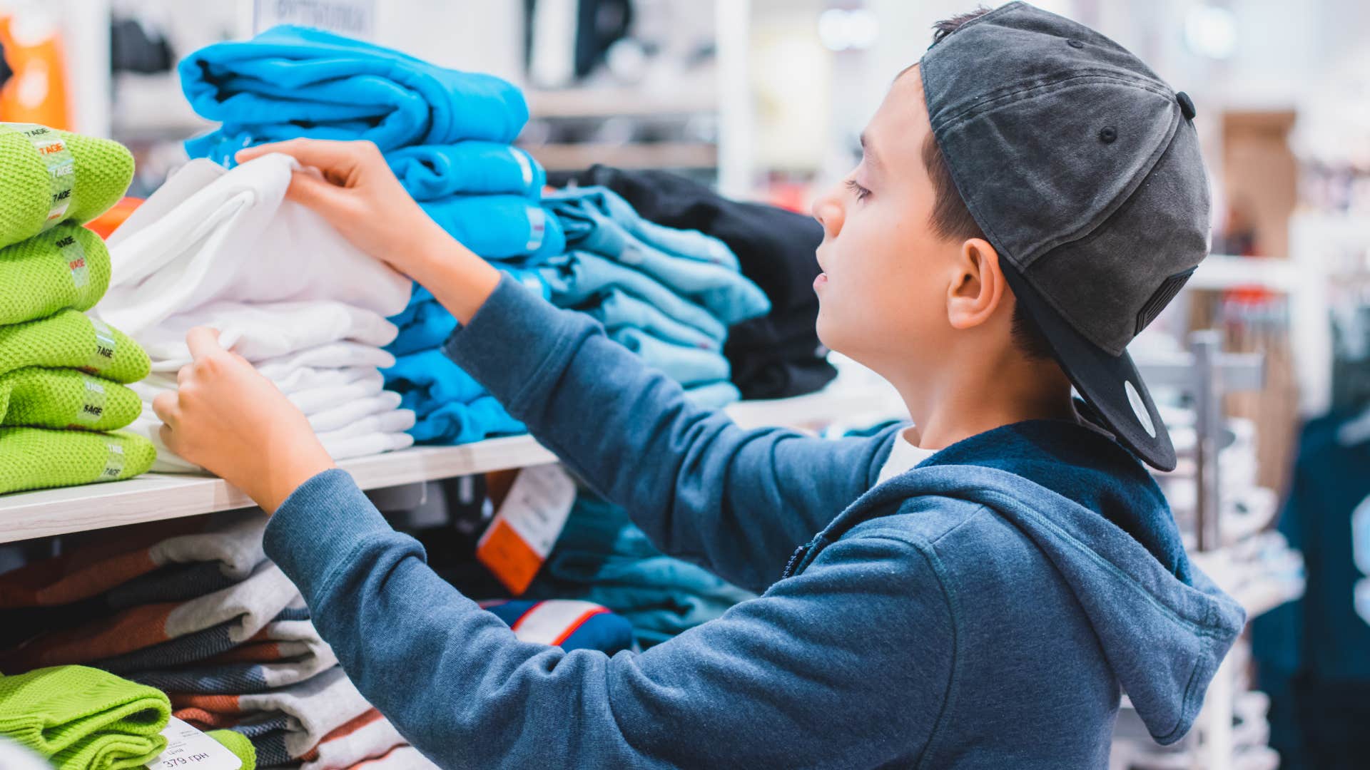 young boy buying new clothes at a store