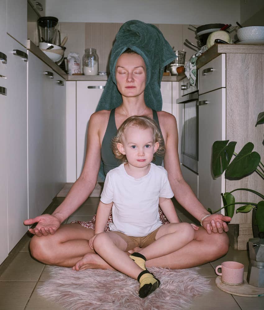 Clam parent meditates with child in lap to avoid mistake of losing it