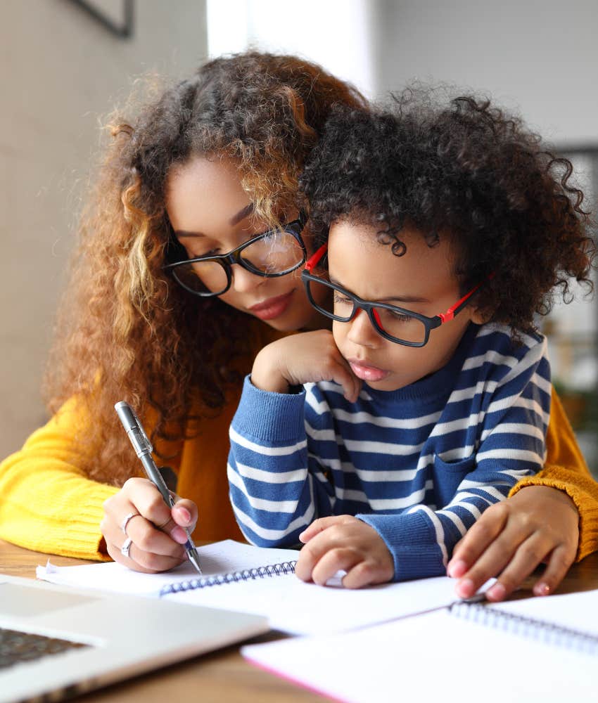 Focused parent homeschools child showing importance of location