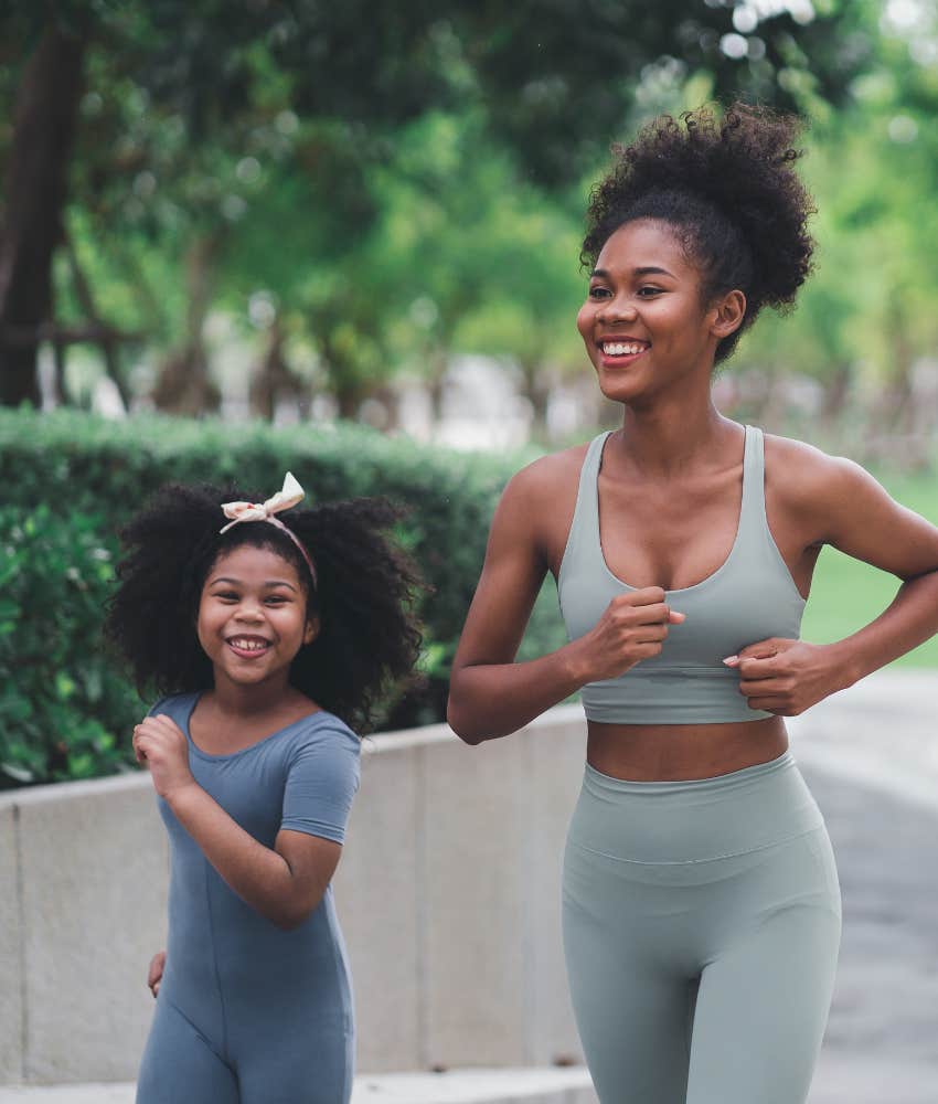 Happy parent and child out for a run showing homeschool habit