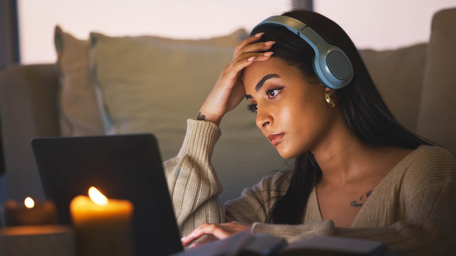 Worried person online to self diagnose showing need for lifestyle change for mental health