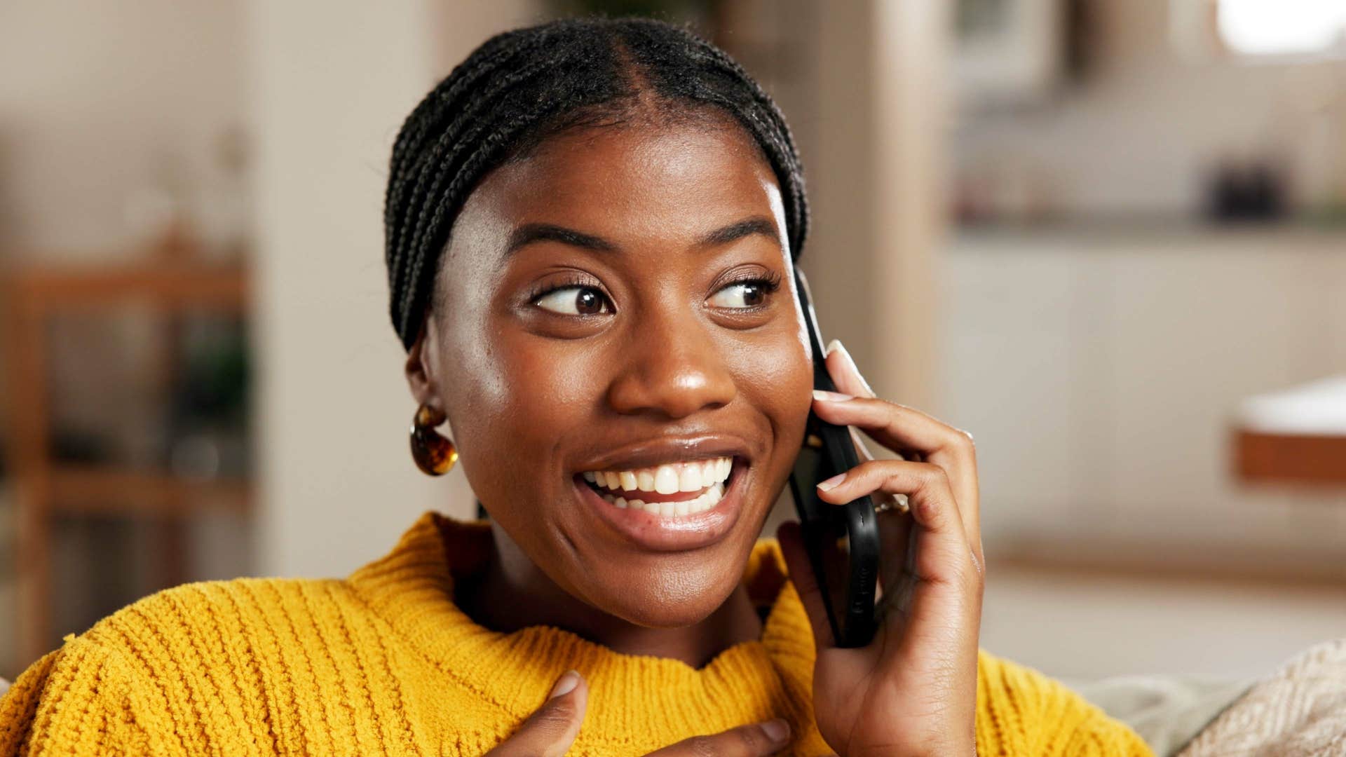 woman in yellow on phone saying i was waiting for the right time