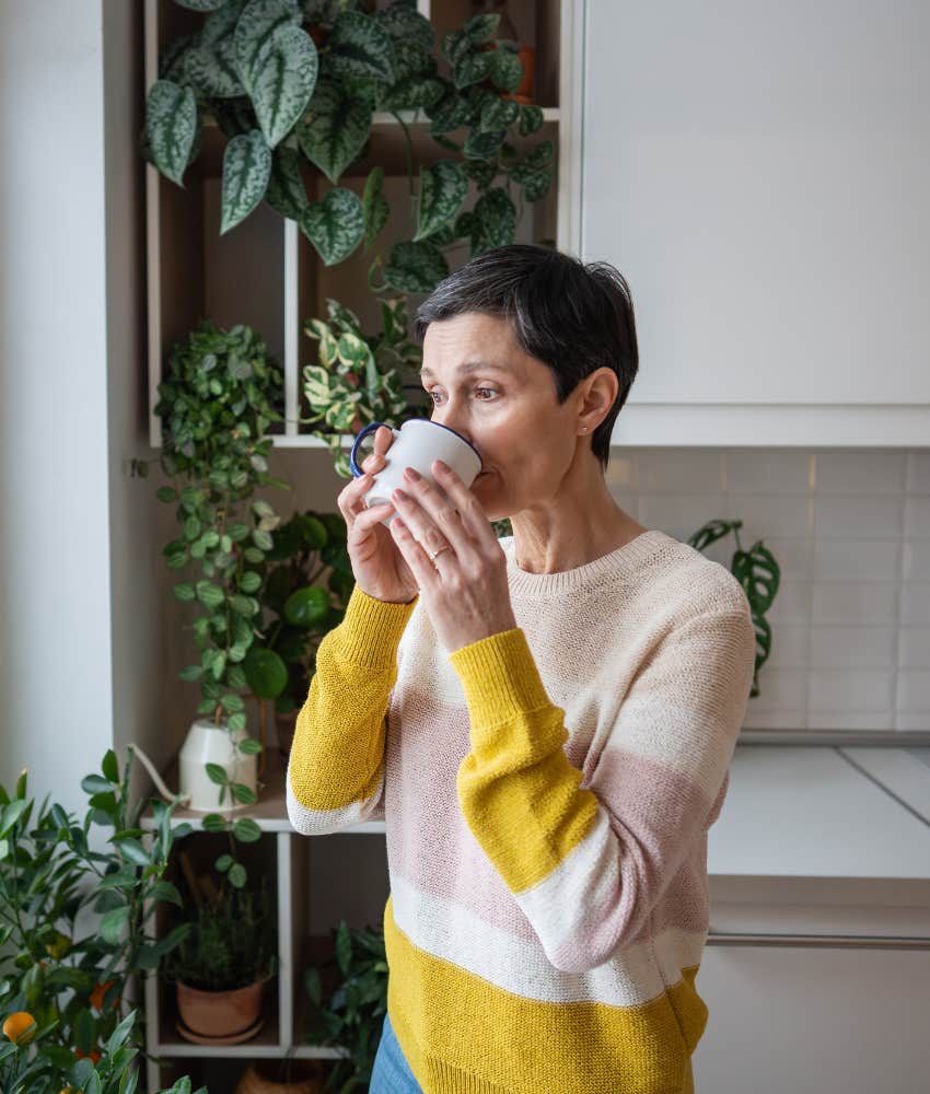 Woman who lays her clothes out for the next day prioritizing her peace over morning coffee