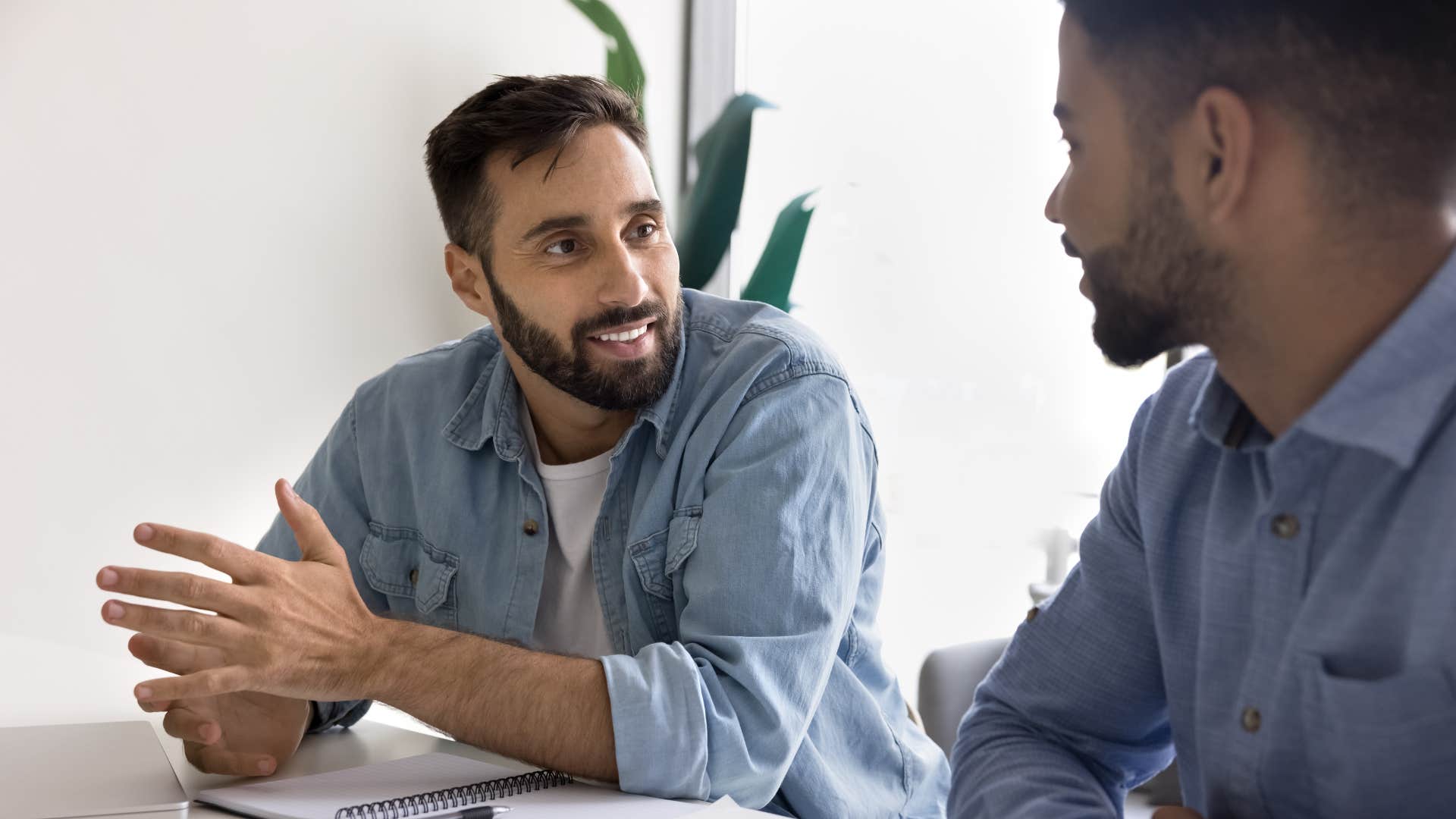 man in blue asking What are your thoughts
