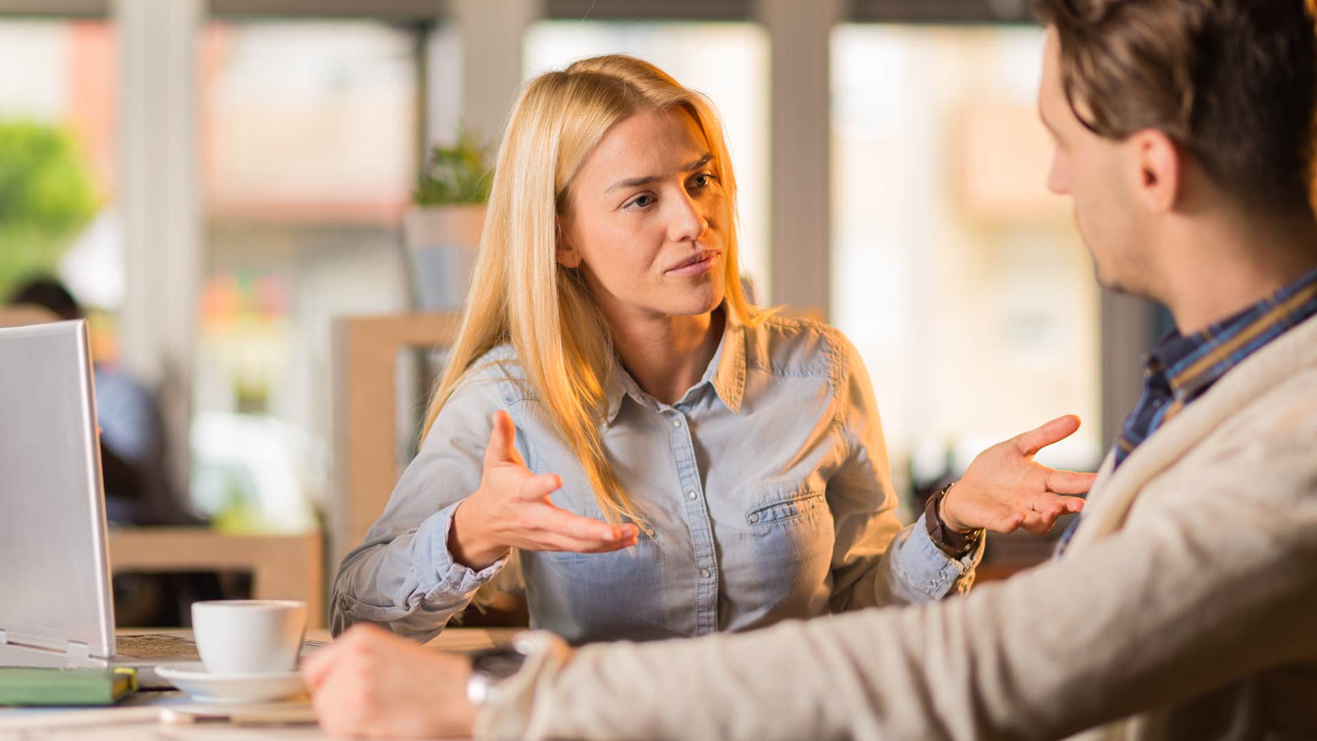 annoying woman telling colleague it's not that deep