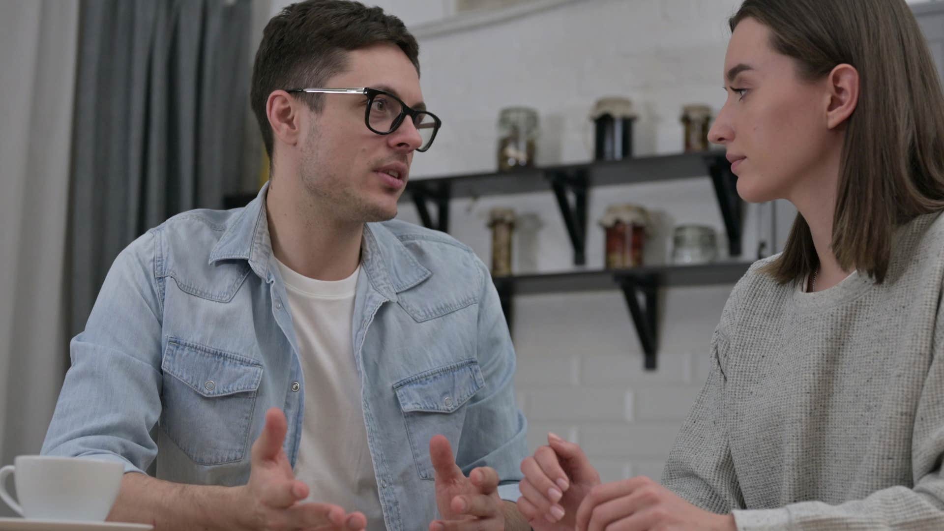 annoying man saying that's my opinion to his friend