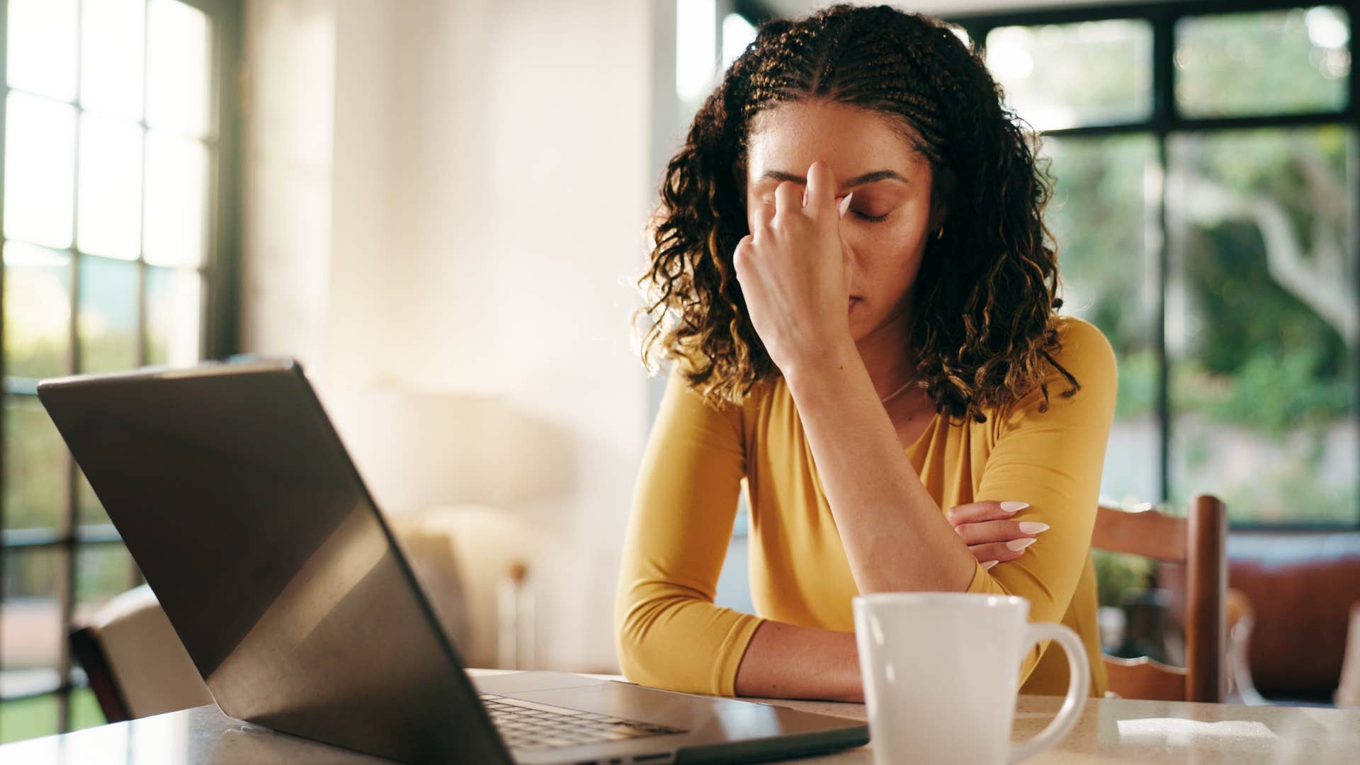 bitter woman who's prone to giving up looking stressed out