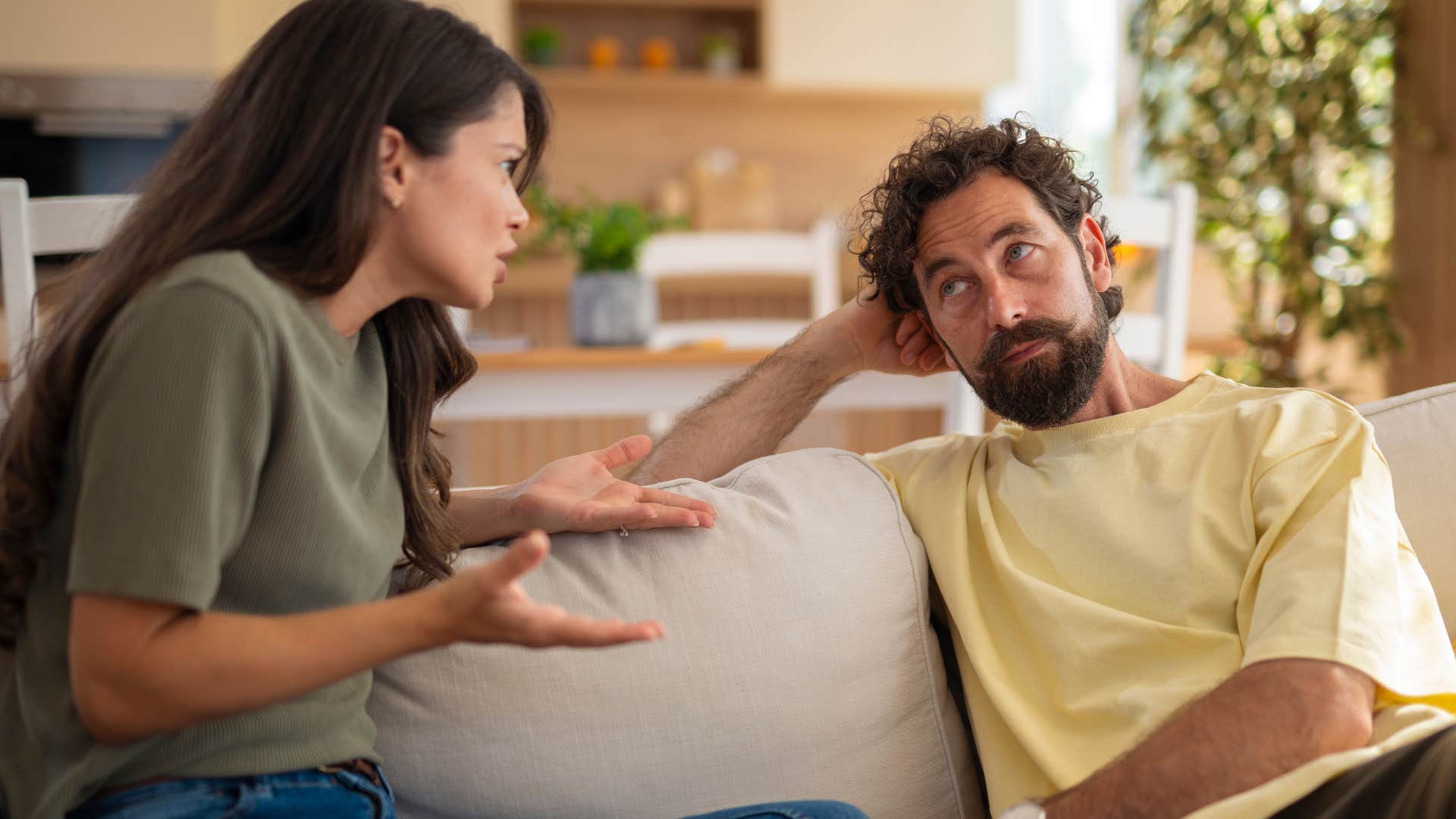 Man saying "everyone has their own version of the truth" to his wife.