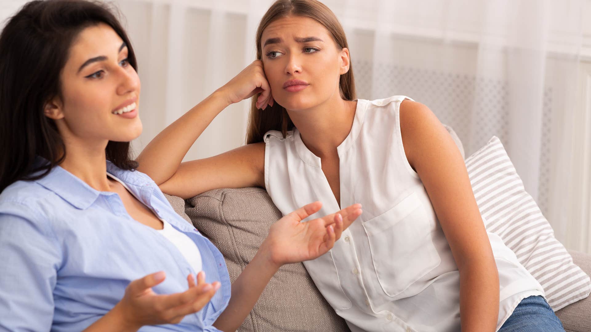 Woman saying "I mean this in the nicest way possible" to her friend.