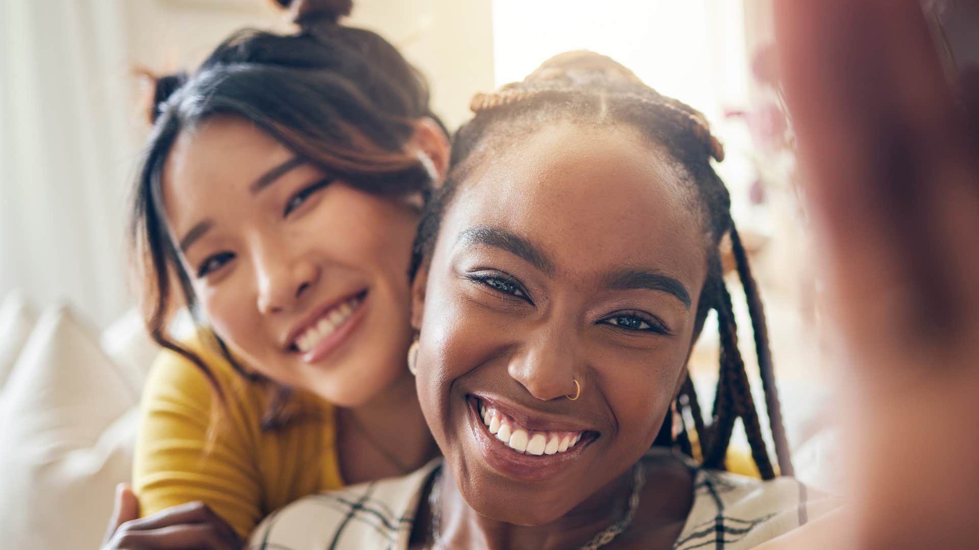 Loving people take selfie showing way to let go after breakup
