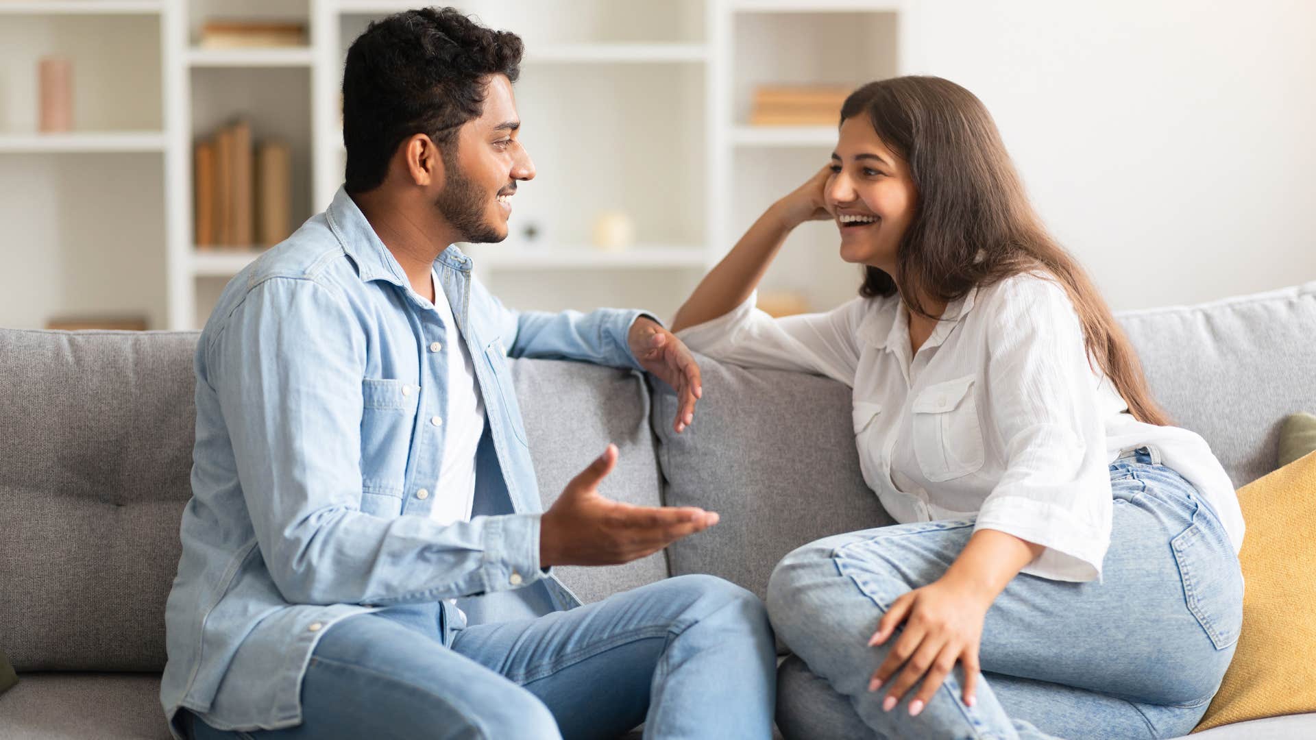 Comfortable couple have relaxed conversation showing way to be happier in marriage