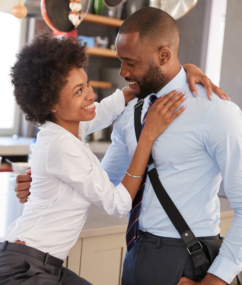 Loving couple hold eye contact showing solid marriage
