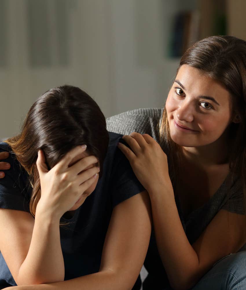 Manipulative person gives fake support showing not best friend anymore