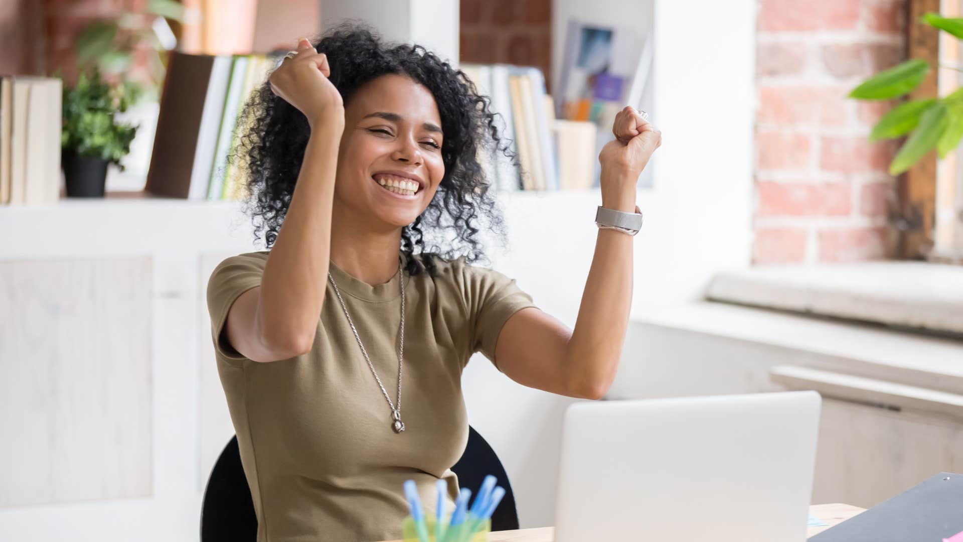 Successful person celebrates showing reward of feeling better
