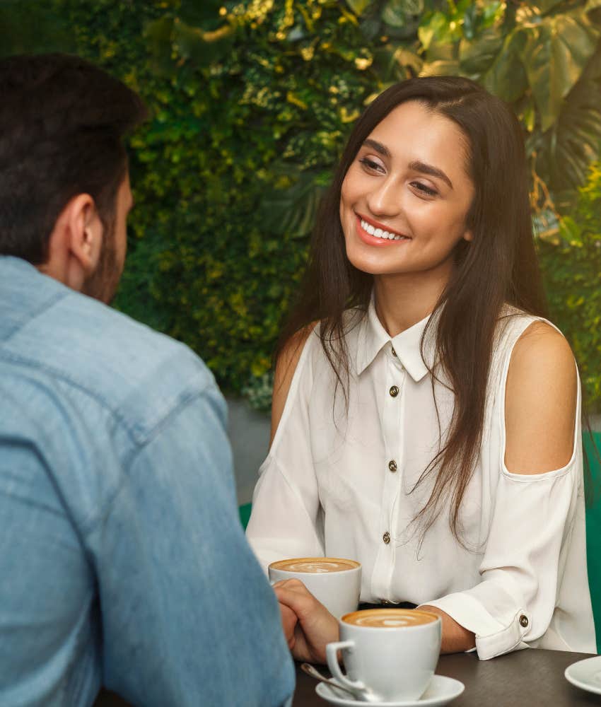 HAppy person slowly reveals personality on date showing way to protect heart