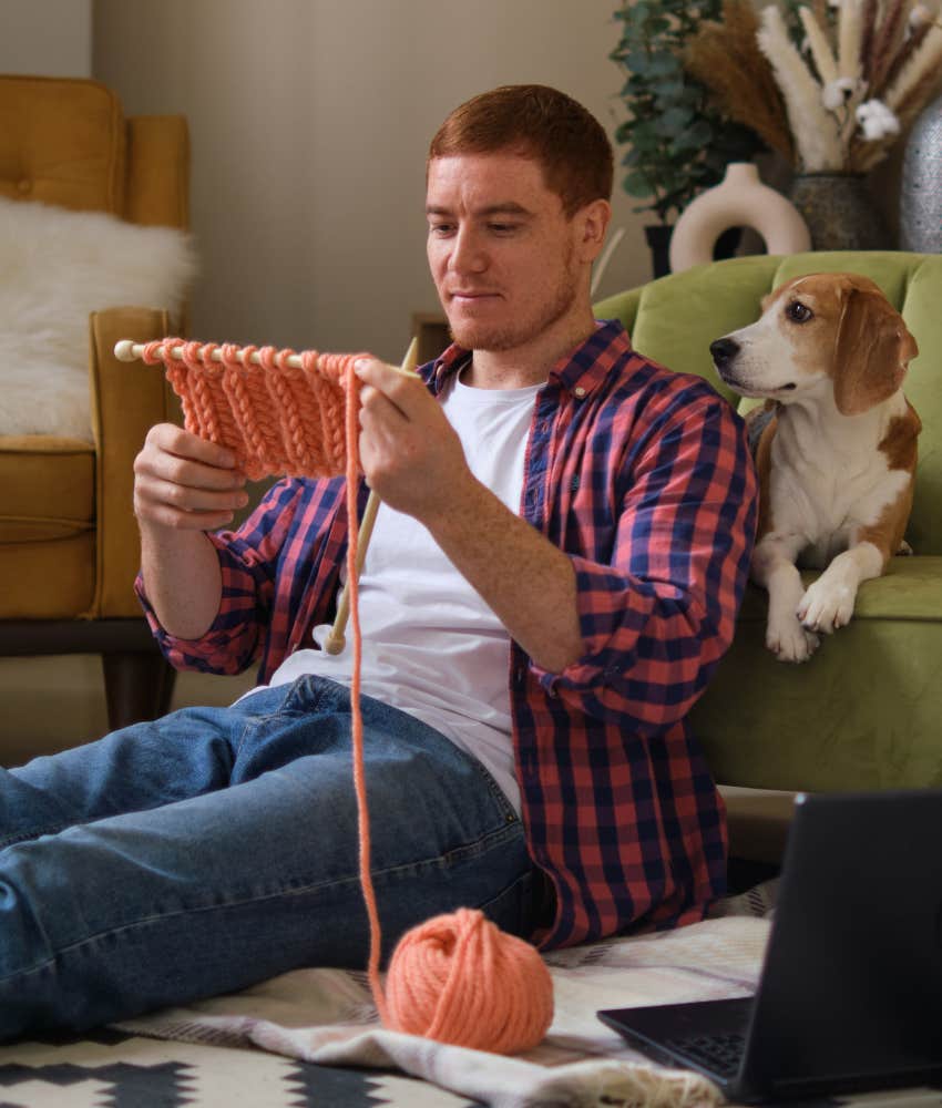 Relaxed person knits showing winter habit