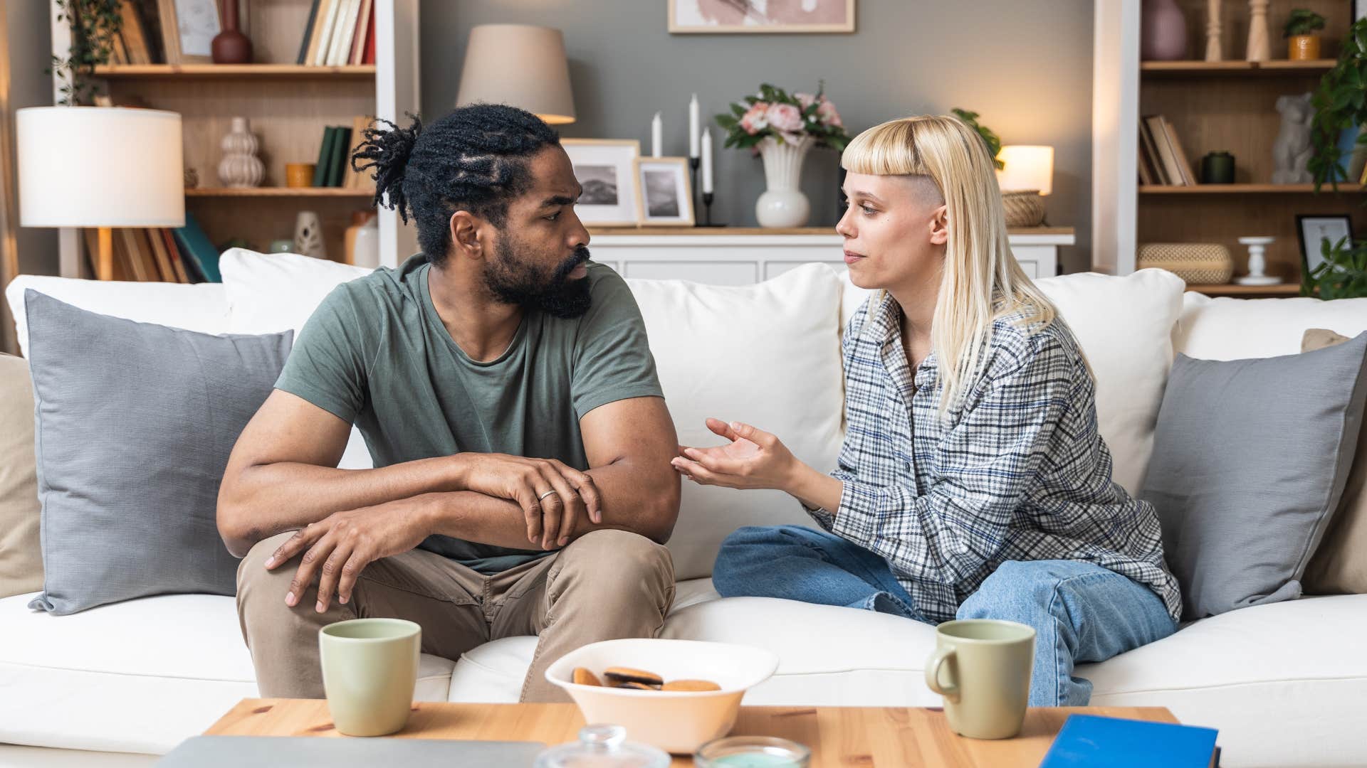 happy couple talking and adjusting expectations