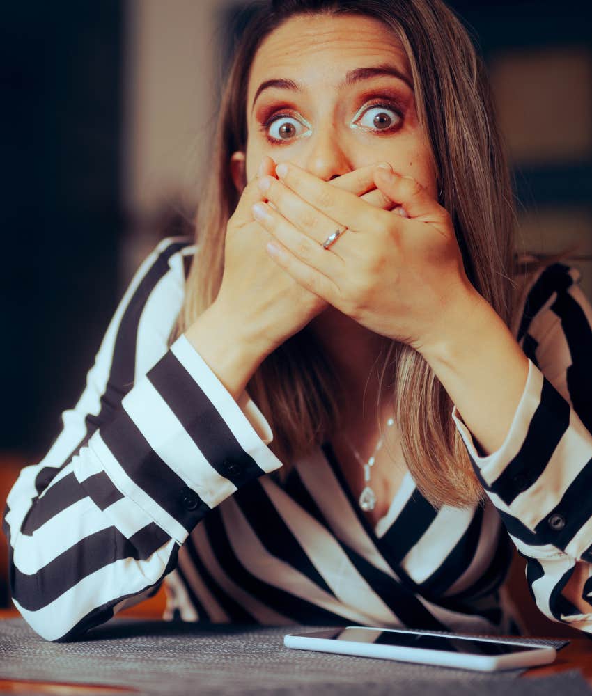 Shocked woman covers mouth showing song with adult meaning