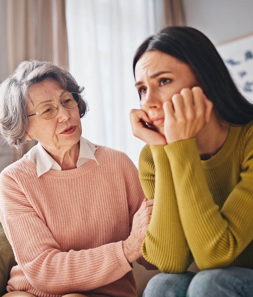 Mentally exhausted woman and elder parent 