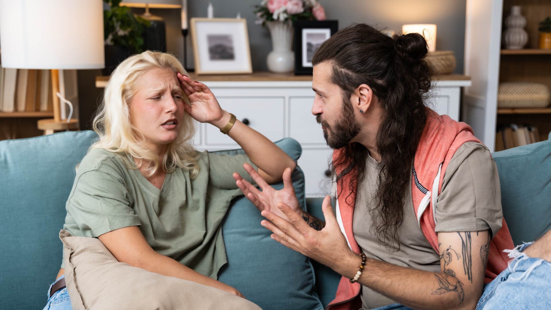woman annoyed with man over-explaining everything